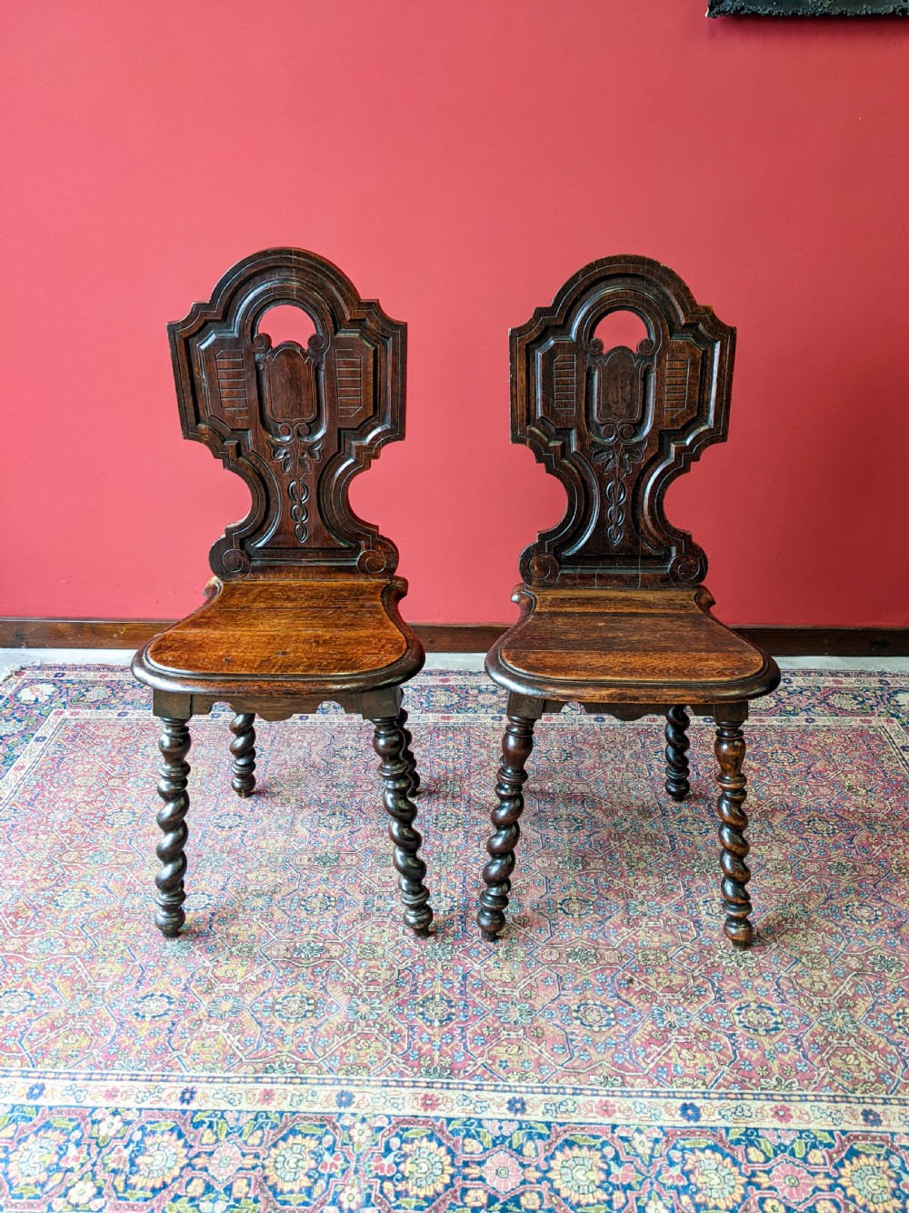 Pair of Antique 19th Century Oak Hall Chairs View II