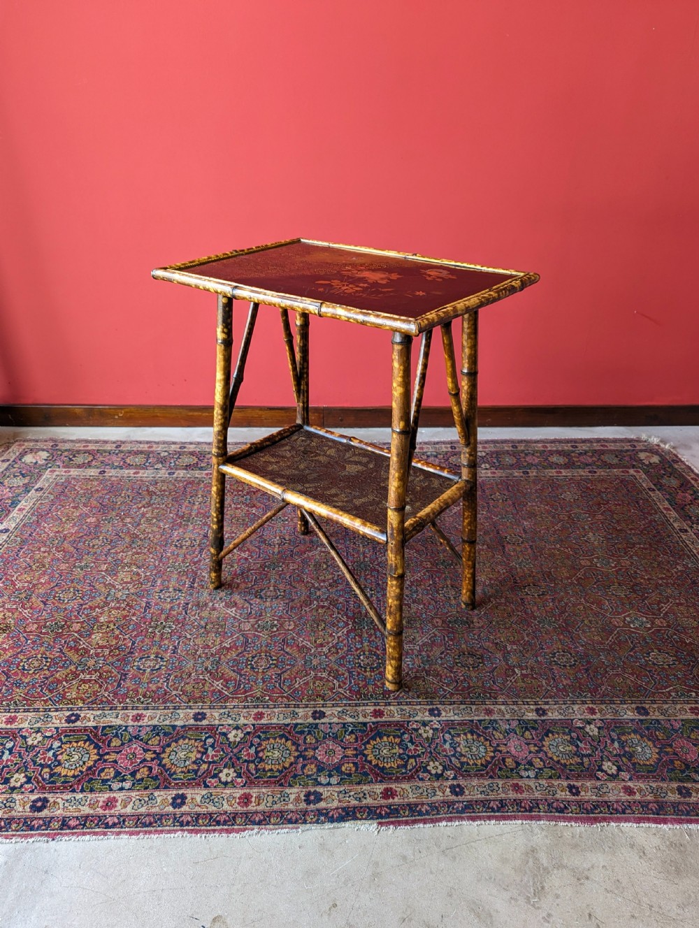 Antique Victorian Original Black Lacquer Painted Bamboo Two Tier Occasional Table