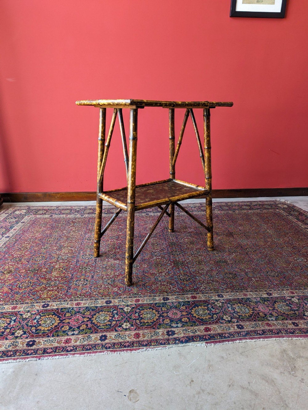 Antique Victorian Original Black Lacquer Painted Bamboo Two Tier Occasional Table View II