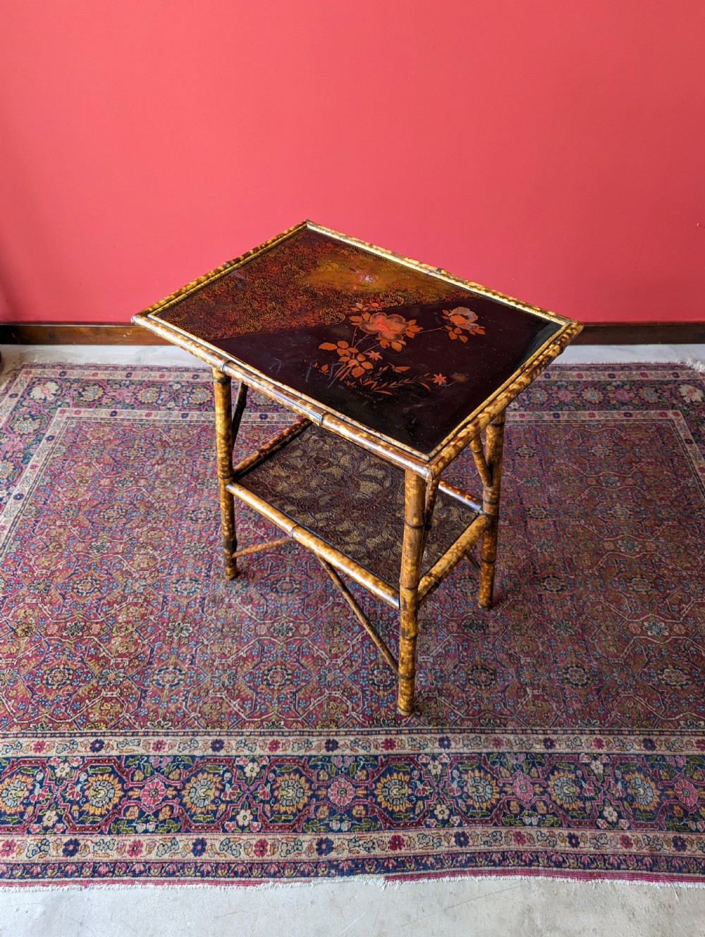 Antique Victorian Original Black Lacquer Painted Bamboo Two Tier Occasional Table View III