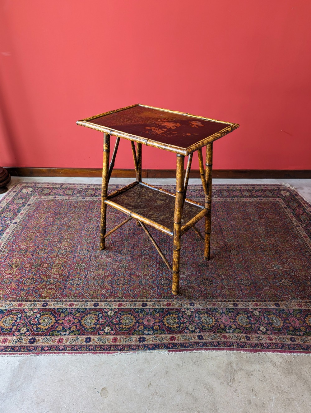 Antique Victorian Original Black Lacquer Painted Bamboo Two Tier Occasional Table View V