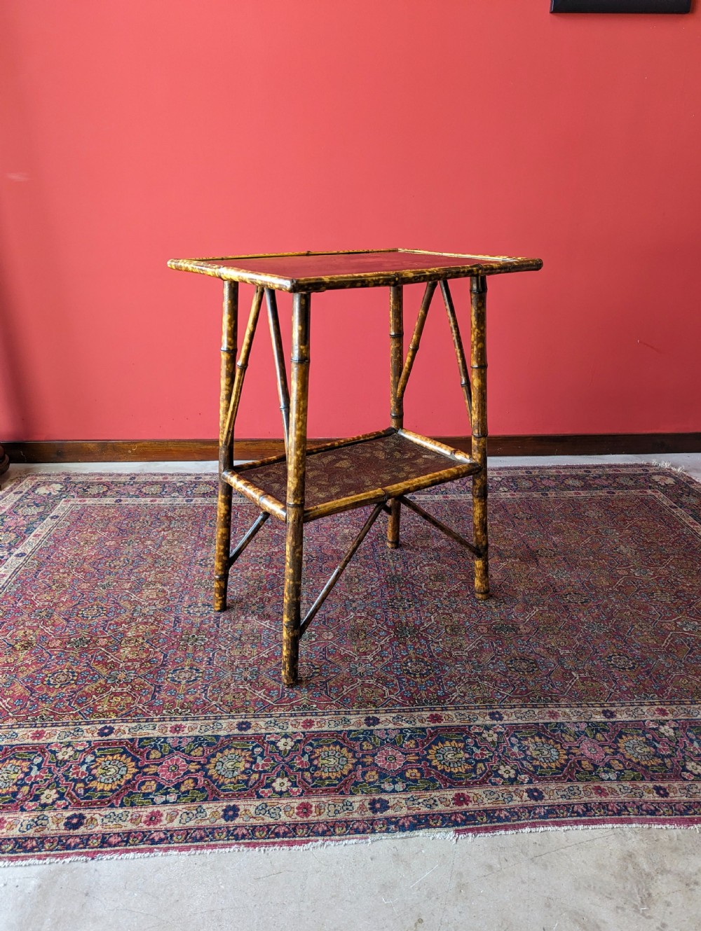 Antique Victorian Original Black Lacquer Painted Bamboo Two Tier Occasional Table View VI