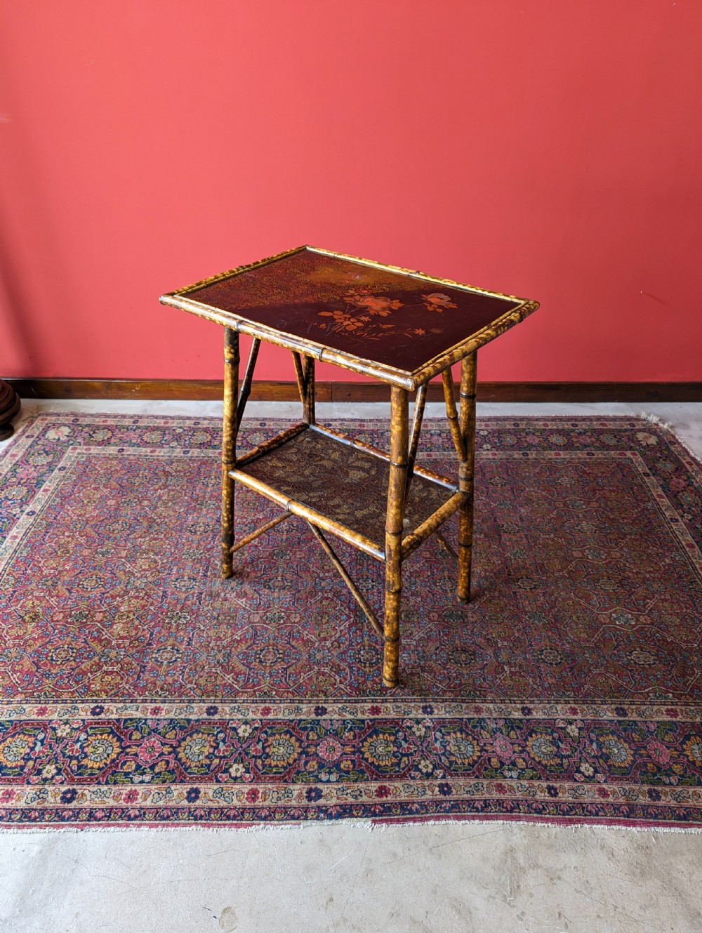Antique Victorian Original Black Lacquer Painted Bamboo Two Tier Occasional Table View VII