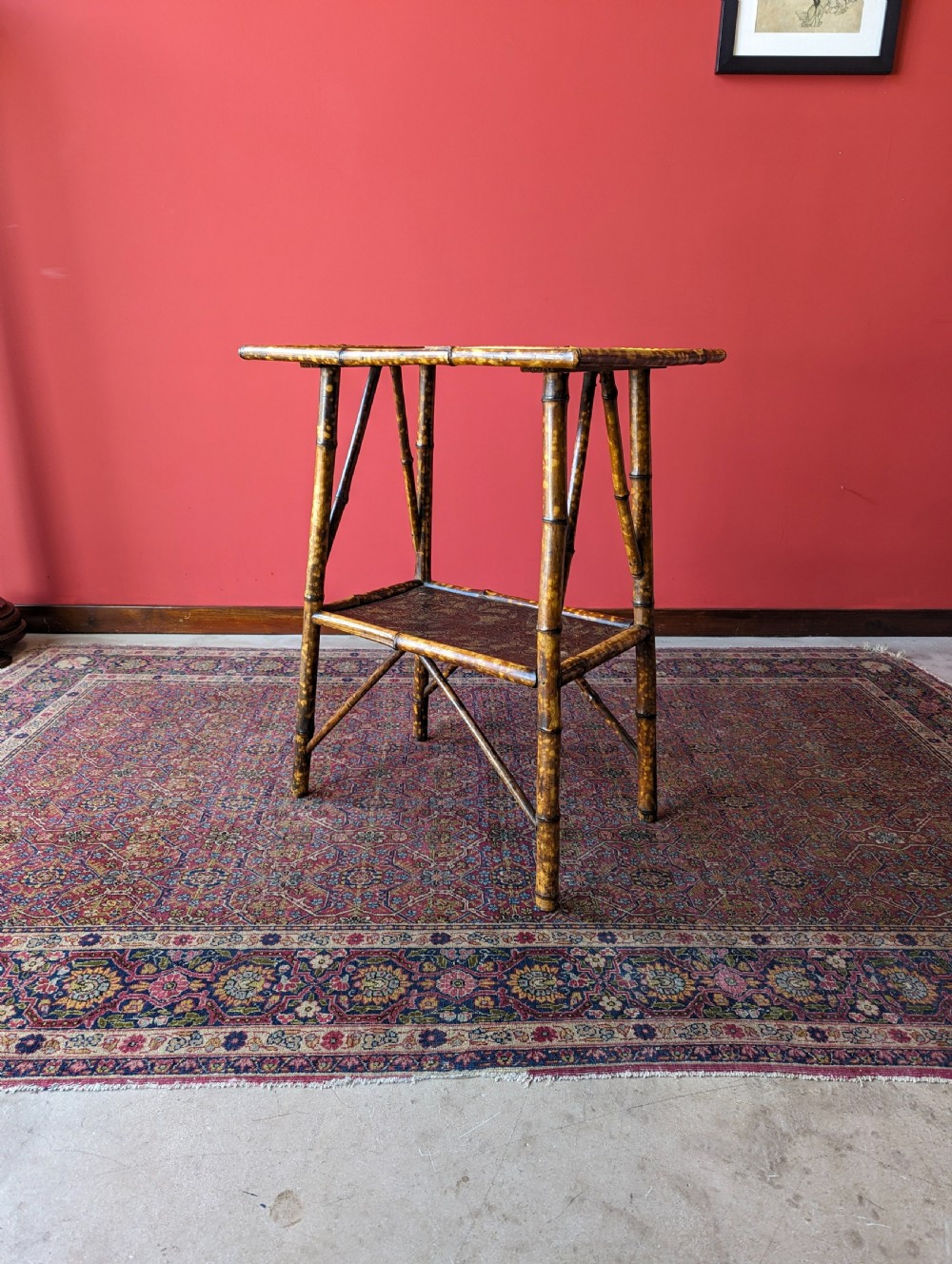Antique Victorian Original Black Lacquer Painted Bamboo Two Tier Occasional Table View VIII