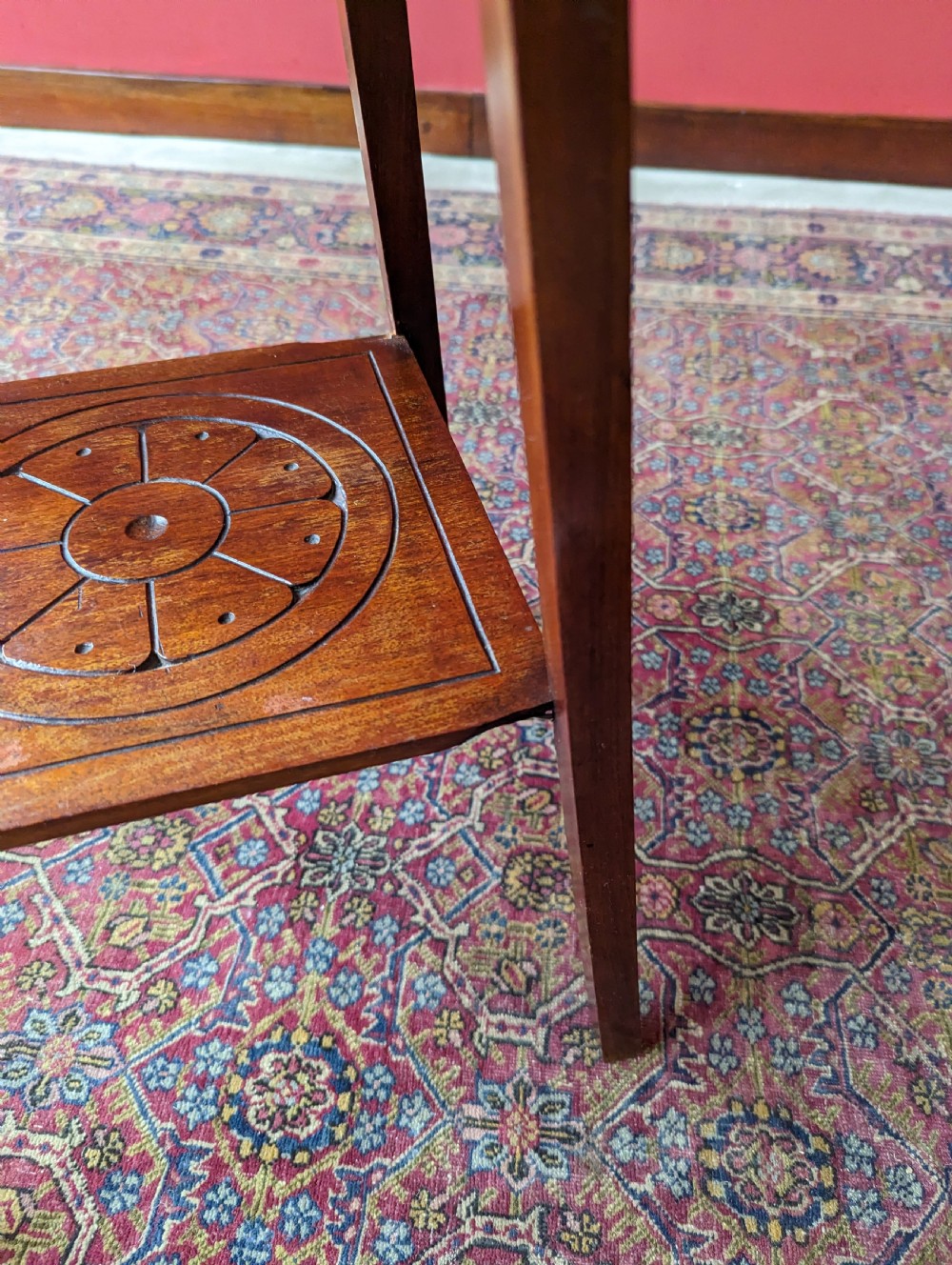 Antique Arts & Crafts Mahogany Floral Carved Two Tier Side Table View VII