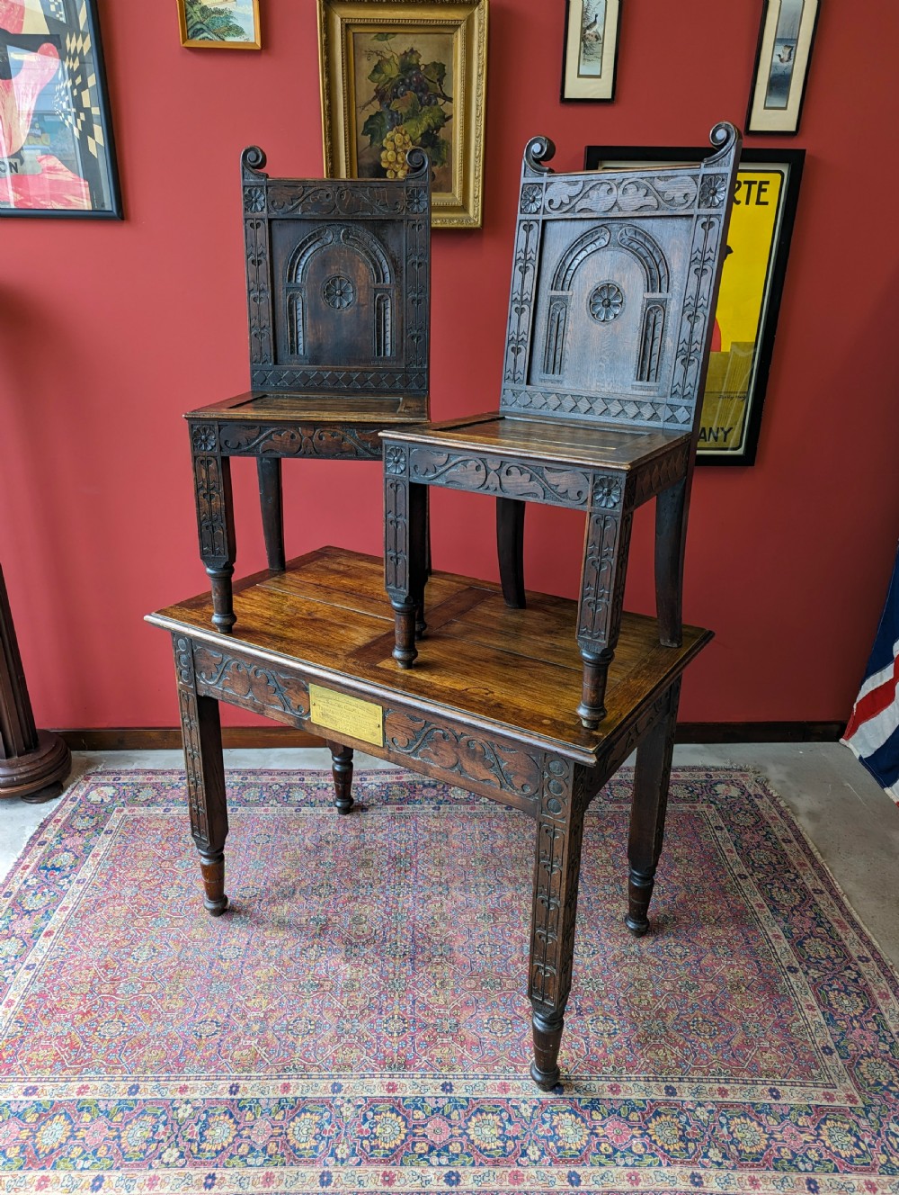 Antique Victorian Oak Altar Table & Two Chairs Dated 1896