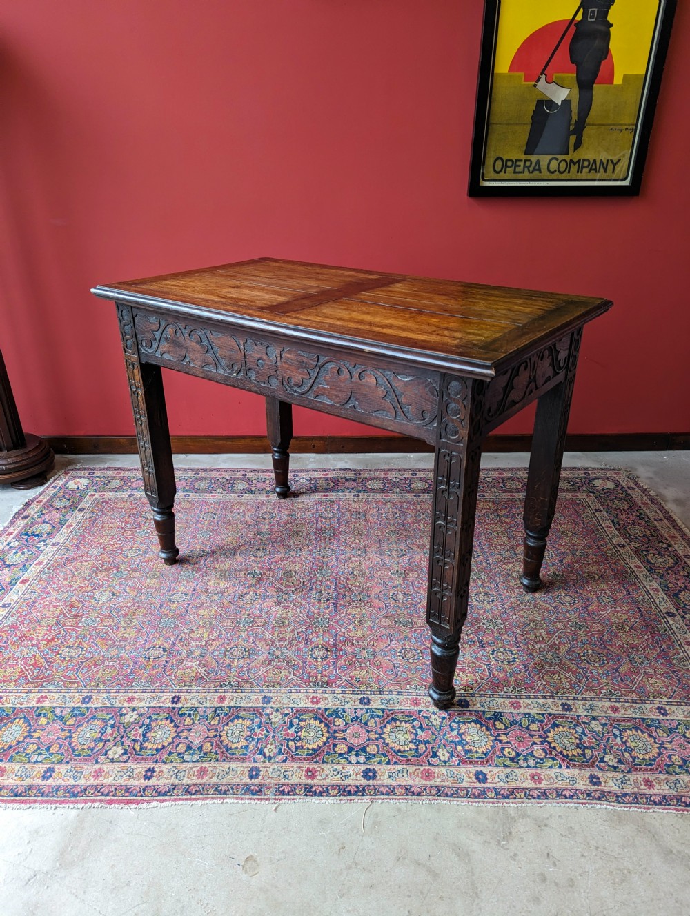 Antique Victorian Oak Altar Table & Two Chairs Dated 1896 View III