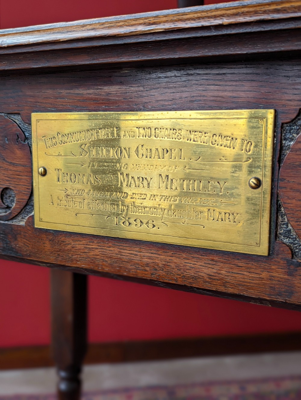 Antique Victorian Oak Altar Table & Two Chairs Dated 1896 View VII