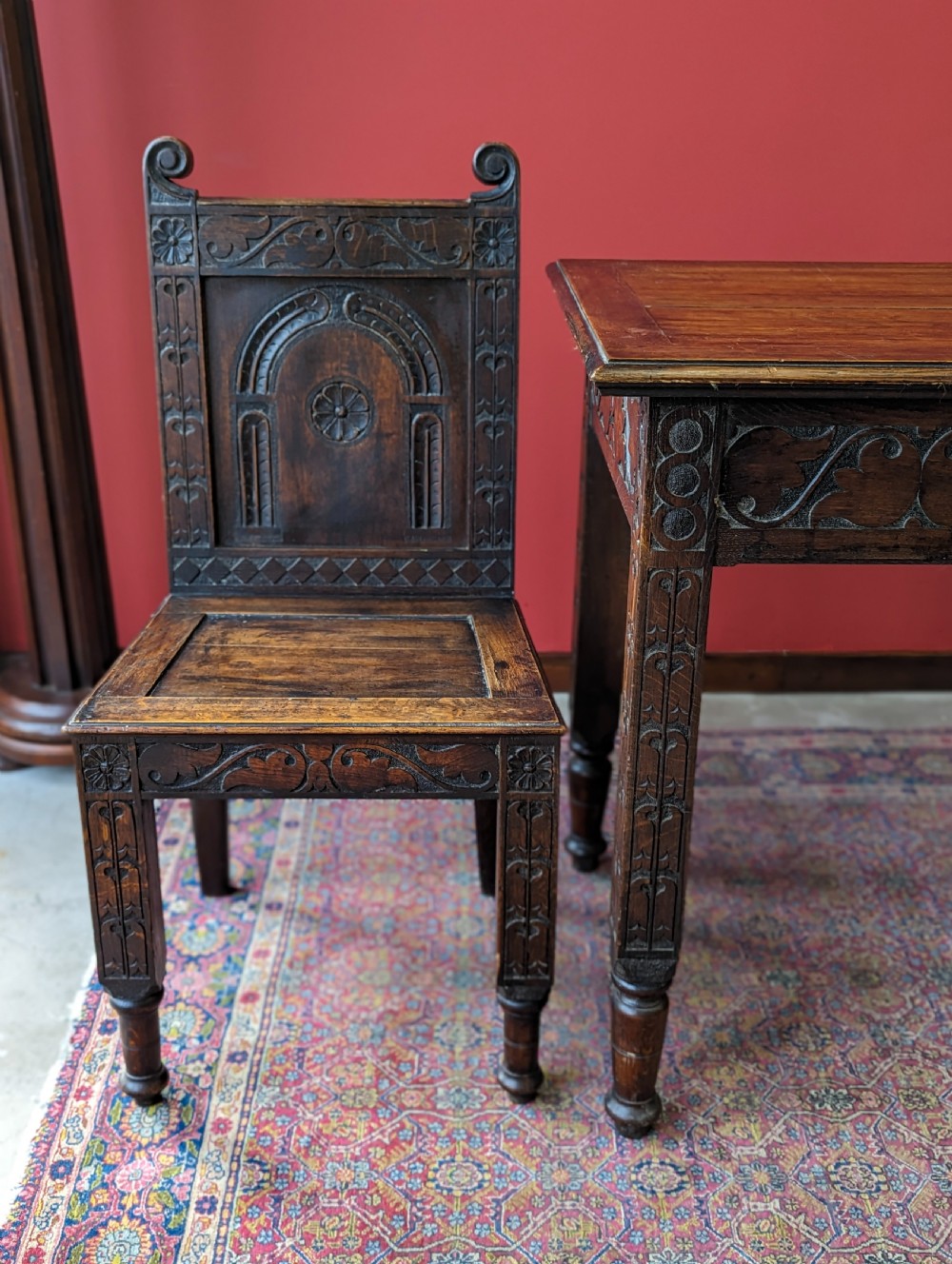 Antique Victorian Oak Altar Table & Two Chairs Dated 1896 View VIII