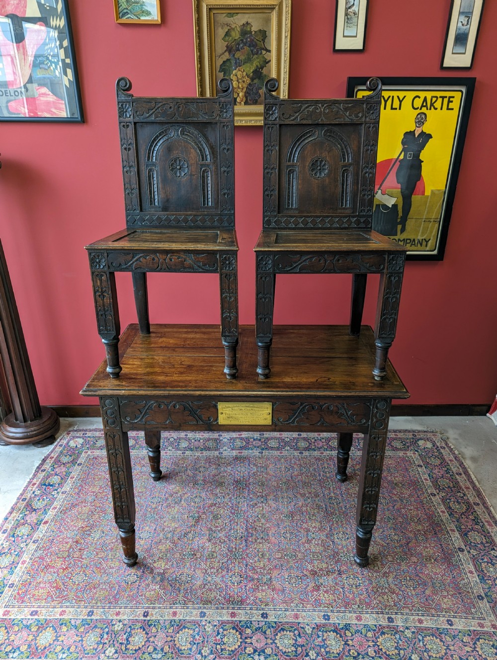 Antique Victorian Oak Altar Table & Two Chairs Dated 1896 View XI
