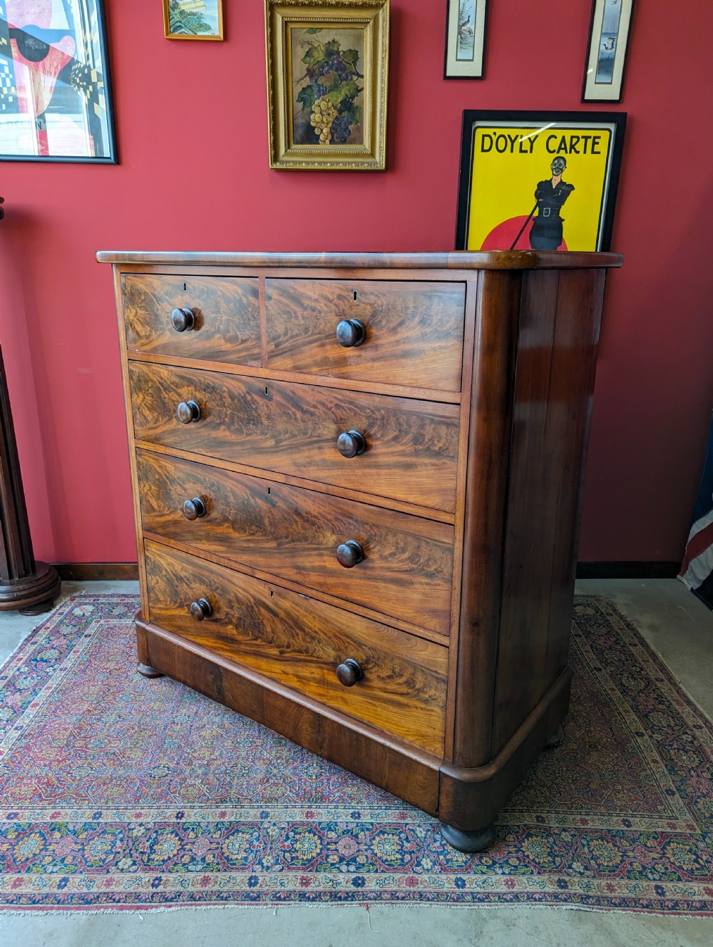 Large Antique Victorian Flame Mahogany Chest of Drawers