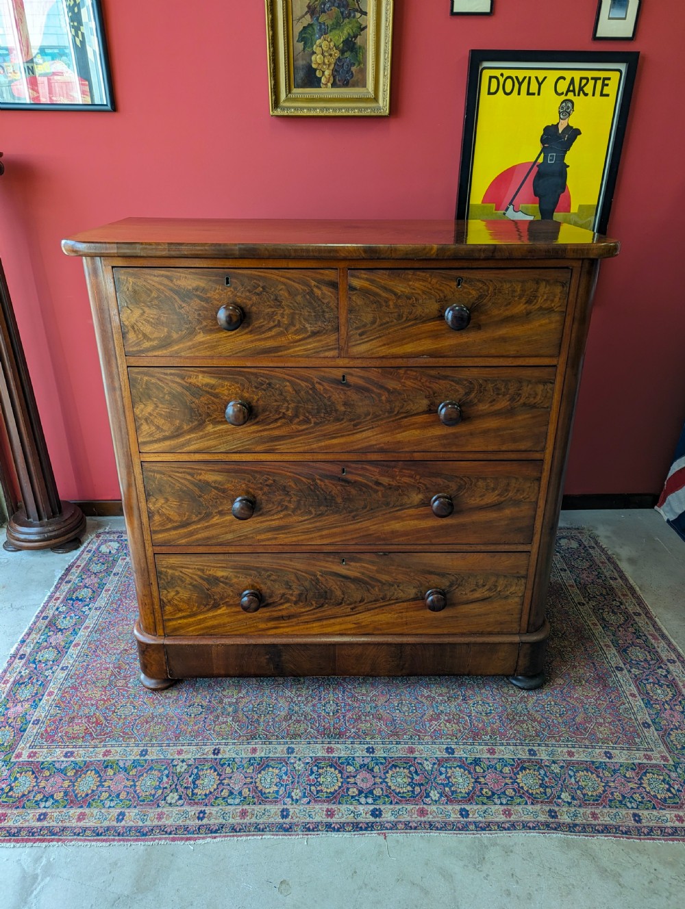 Large Antique Victorian Flame Mahogany Chest of Drawers View II