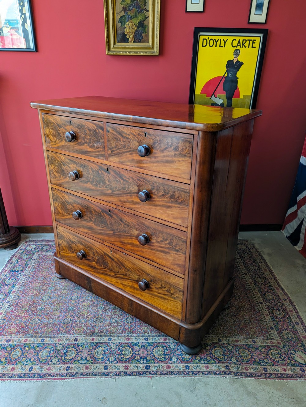 Large Antique Victorian Flame Mahogany Chest of Drawers View V