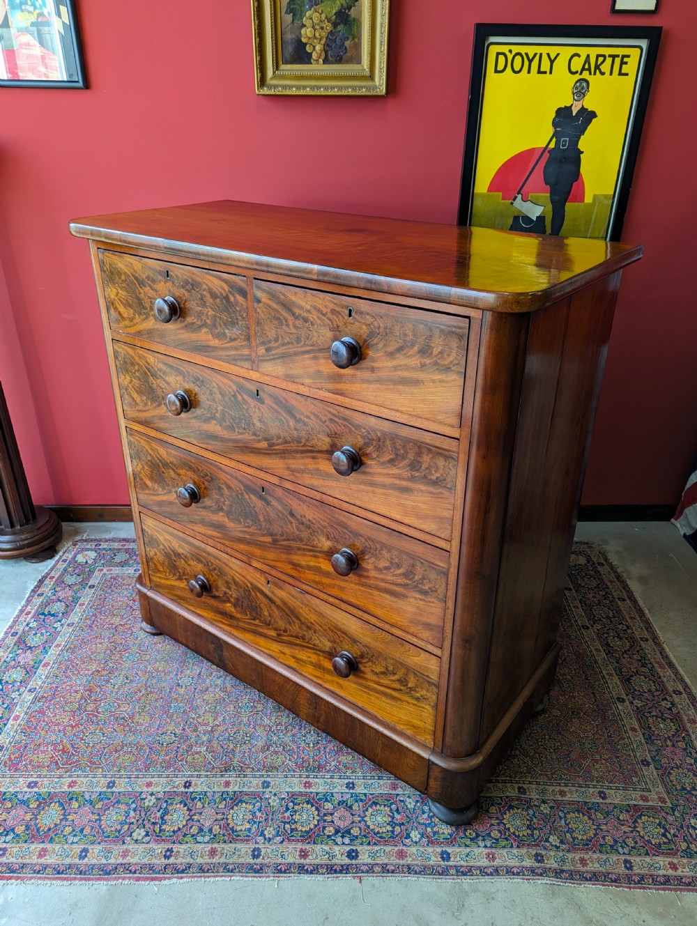 Large Antique Victorian Flame Mahogany Chest of Drawers View VI