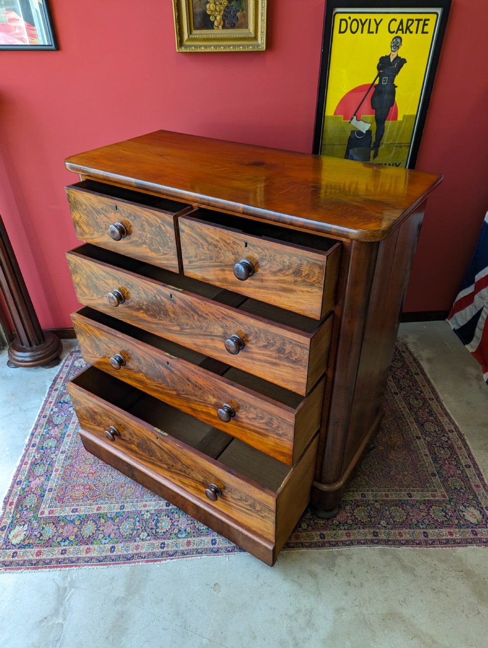 Large Antique Victorian Flame Mahogany Chest of Drawers View VIII