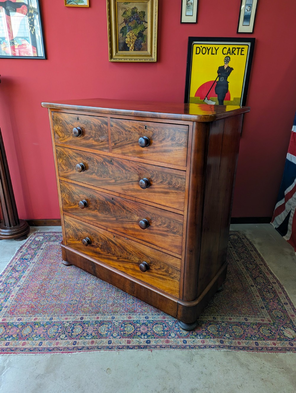 Large Antique Victorian Flame Mahogany Chest of Drawers View IX