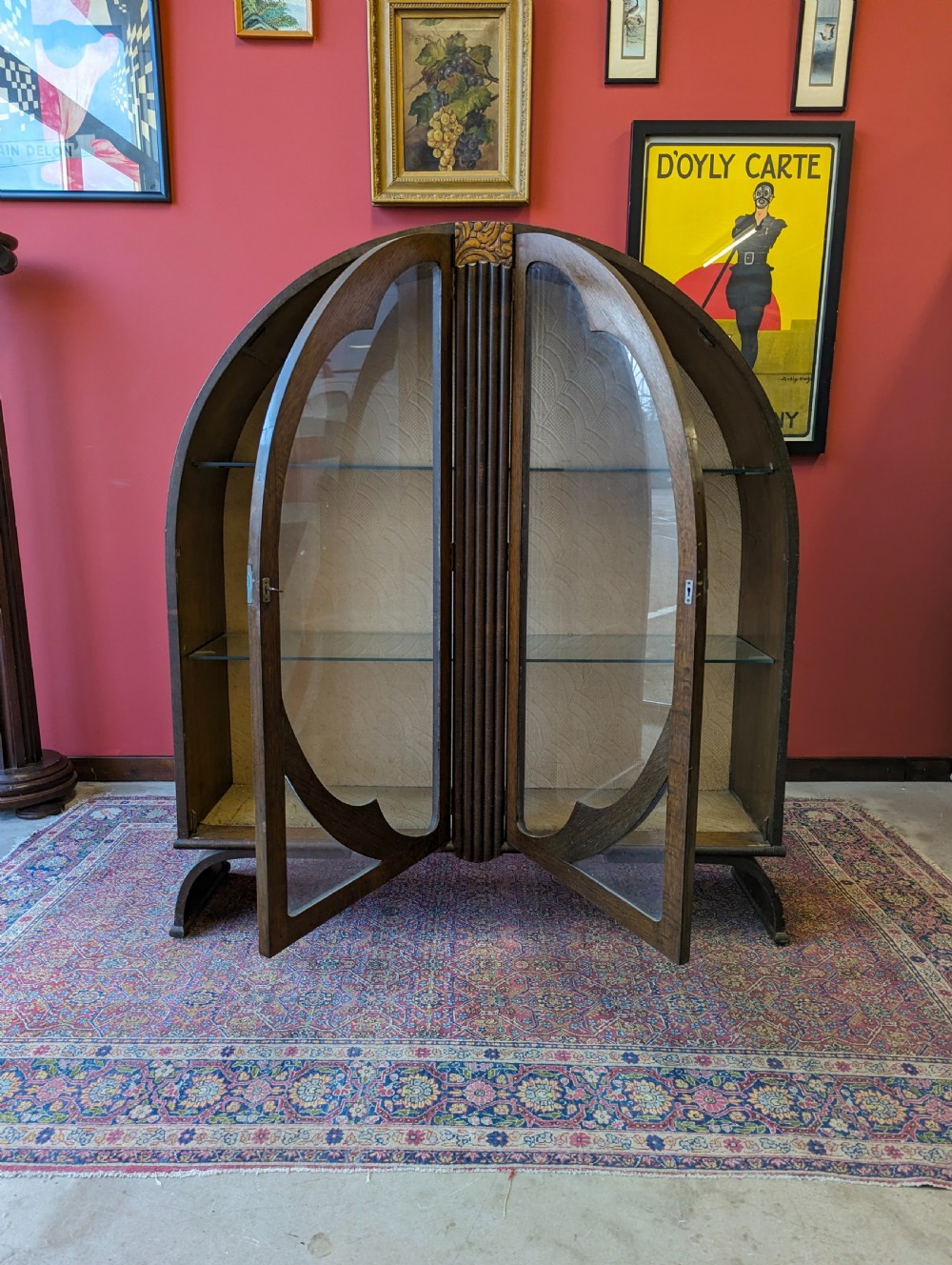 Antique Art Deco Oak Circular Glass Display Cabinet View V