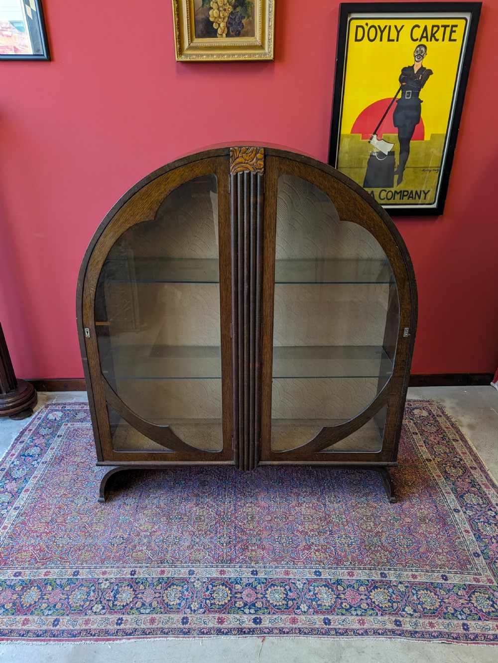 Antique Art Deco Oak Circular Glass Display Cabinet View X
