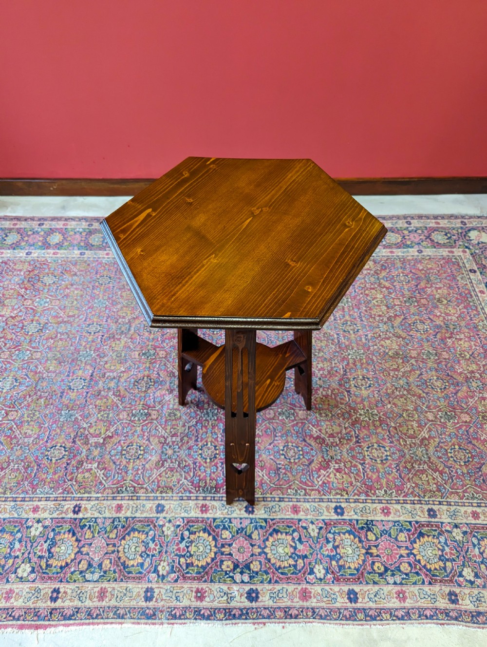 Antique Arts & Crafts Hexagonal Oak Occasional Table View V