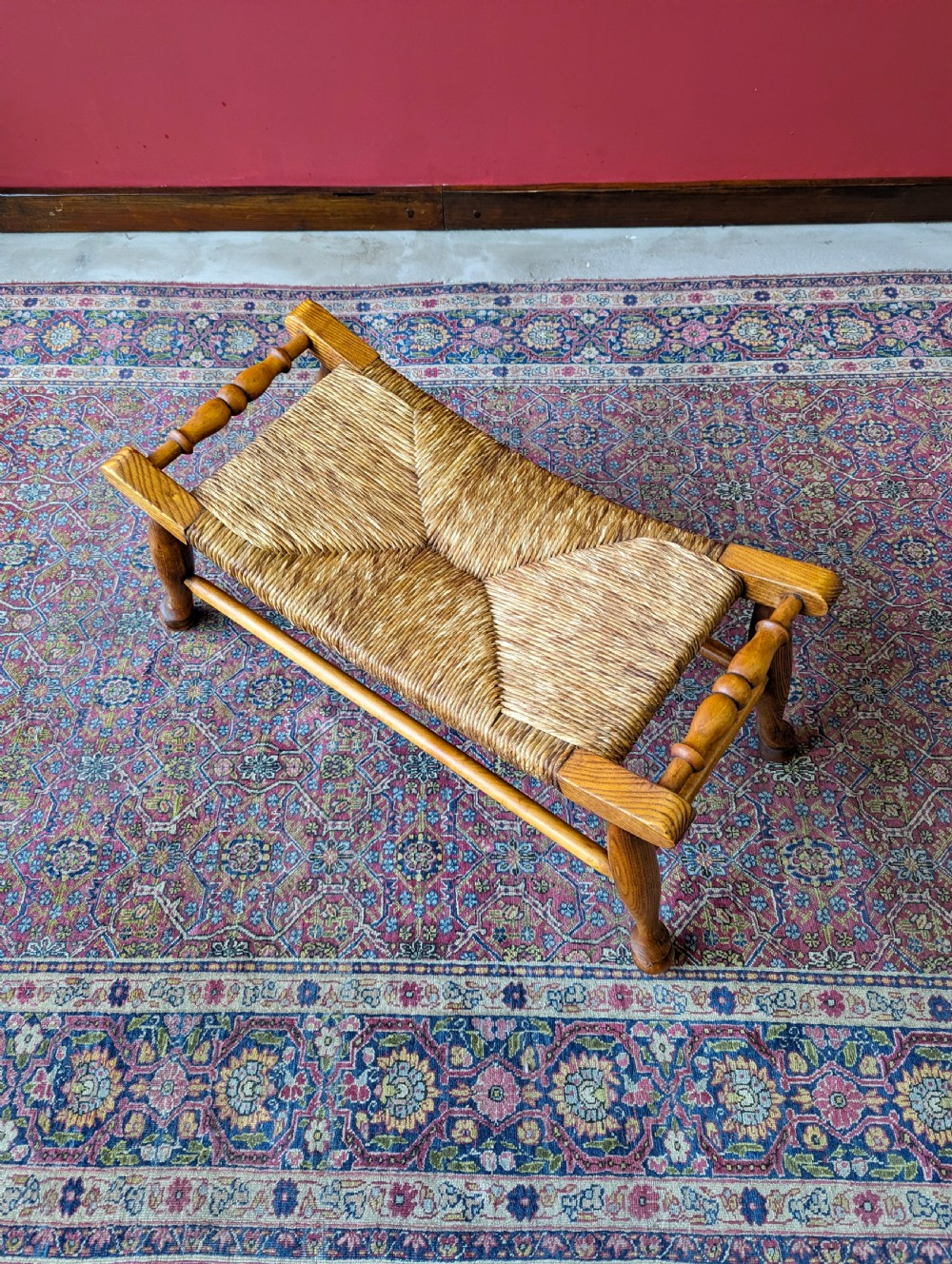 Antique Arts & Crafts Golden Oak Rush Stool View X