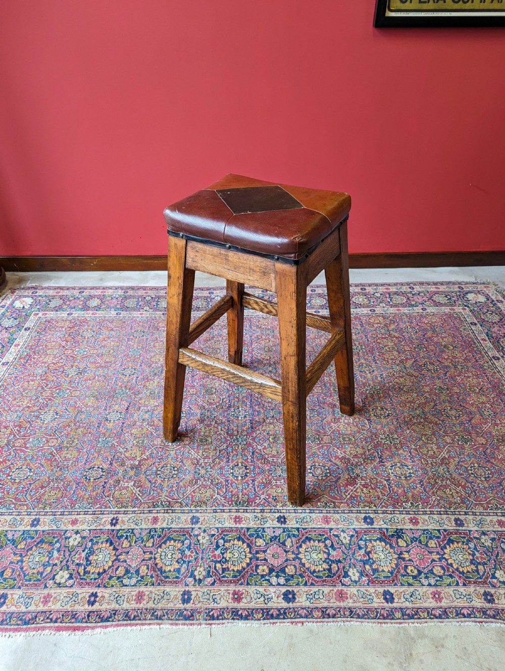 Antique Victorian Oak Leather Seat Industrial Stool