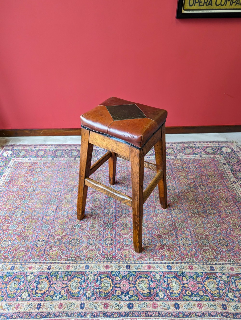 Antique Victorian Oak Leather Seat Industrial Stool View III
