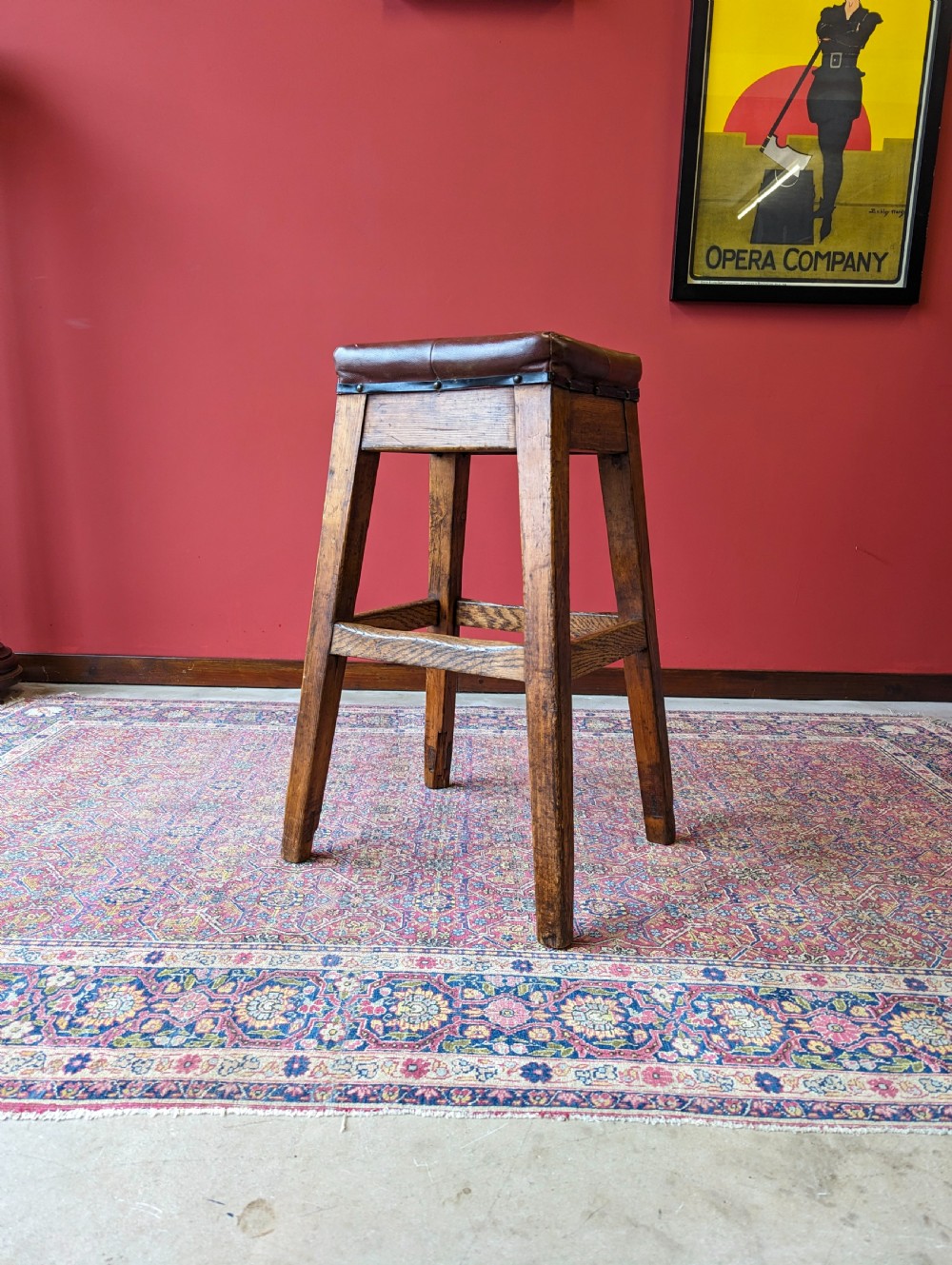 Antique Victorian Oak Leather Seat Industrial Stool View V
