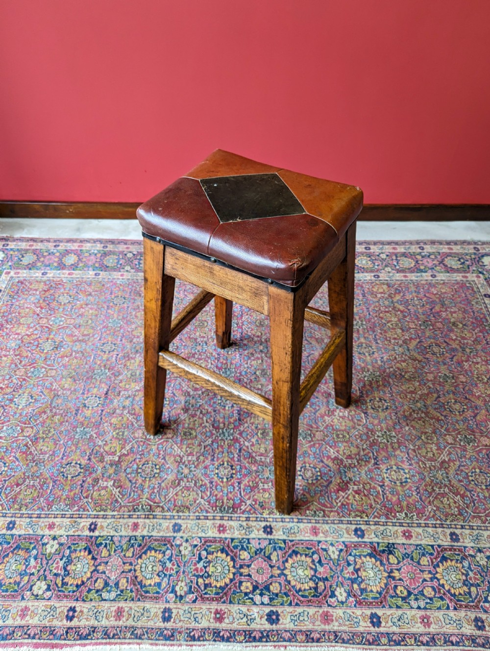 Antique Victorian Oak Leather Seat Industrial Stool View VI