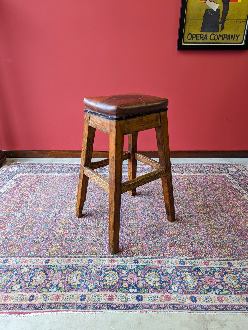 Antique Victorian Oak Leather Seat Industrial Stool View VIII