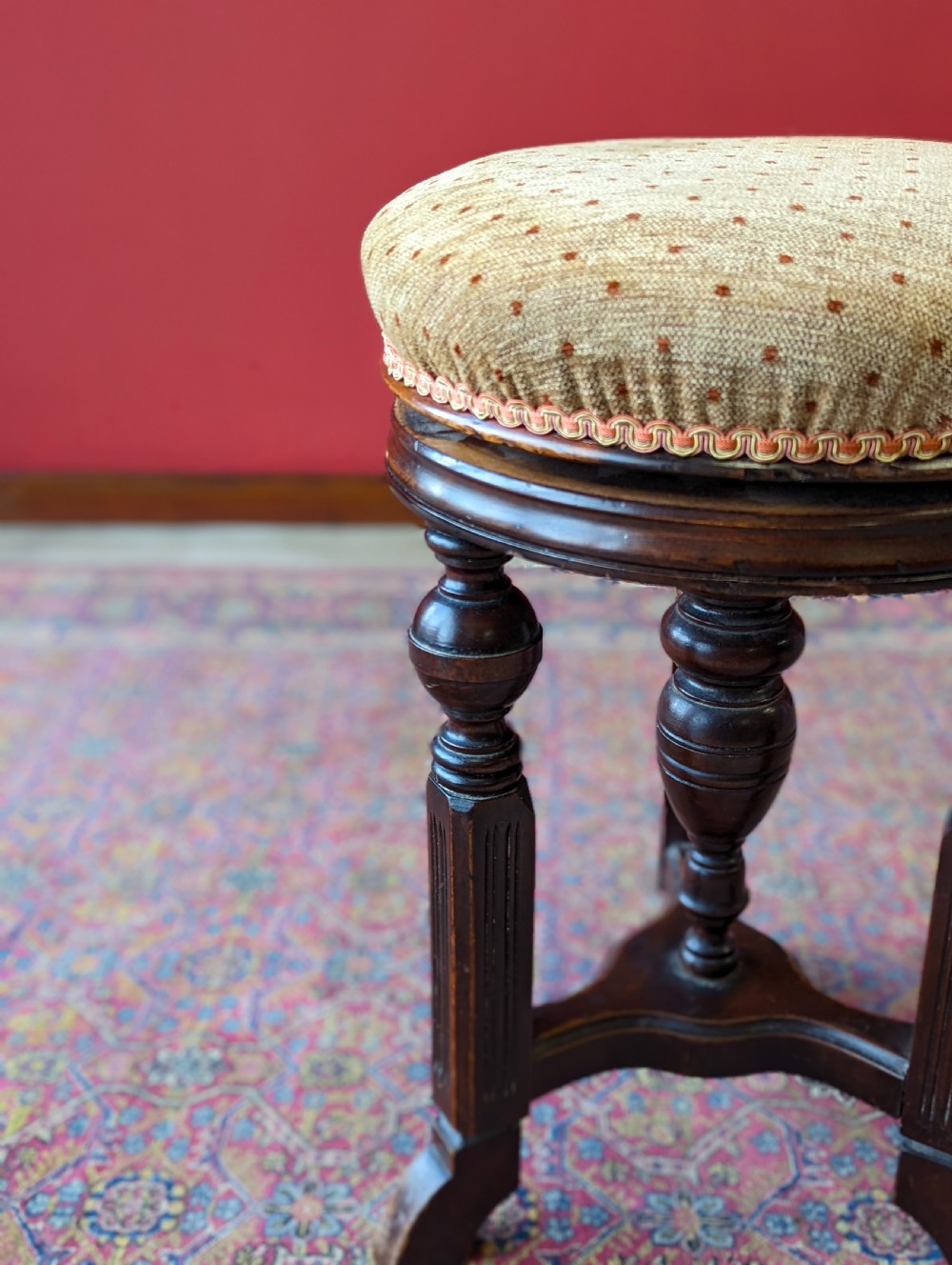 Antique Victorian Circular Mahogany Height Adjustable Piano Stool View X