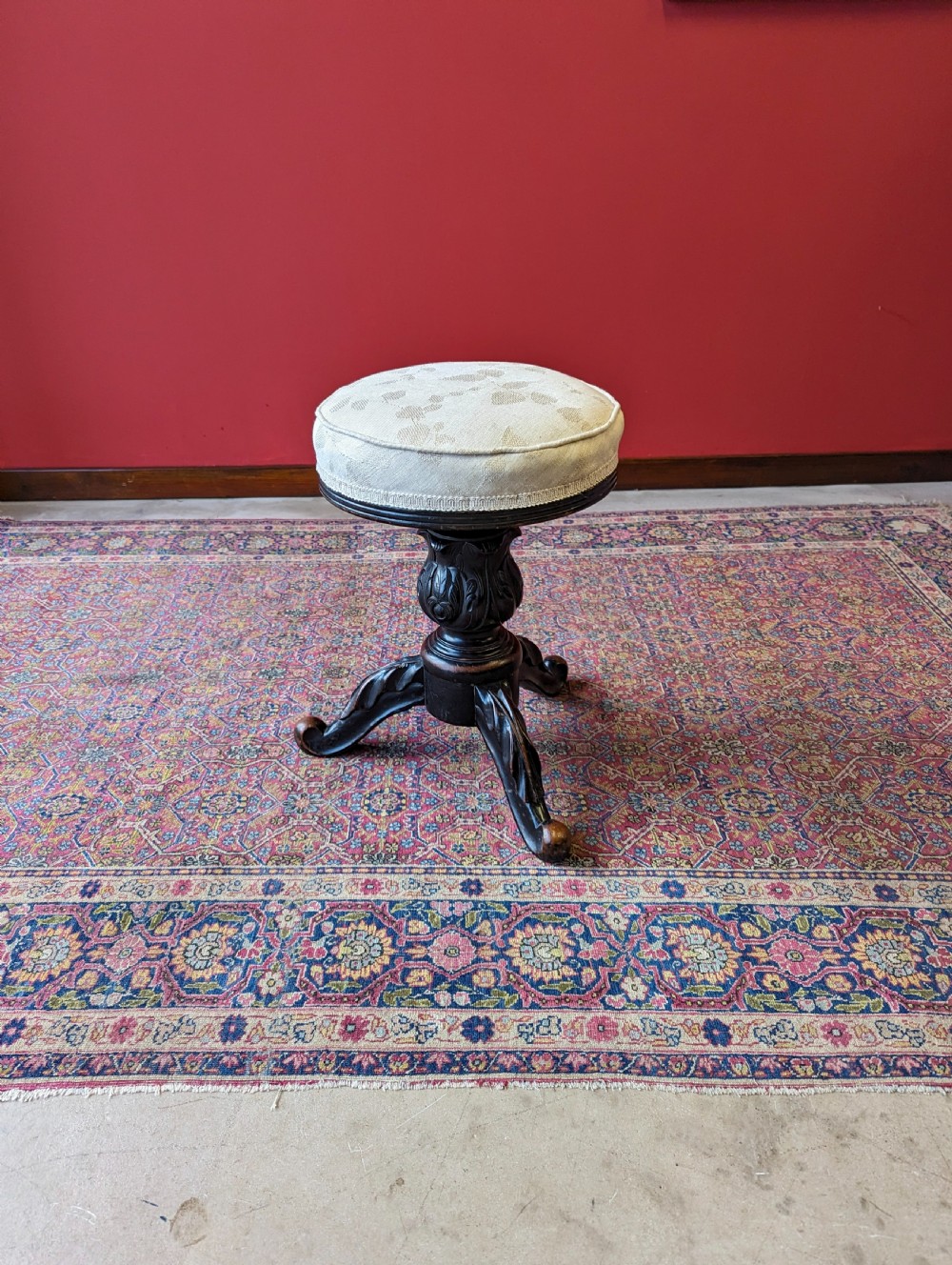 Antique Edwardian Ebonised Mahogany Circular Piano Stool View IX