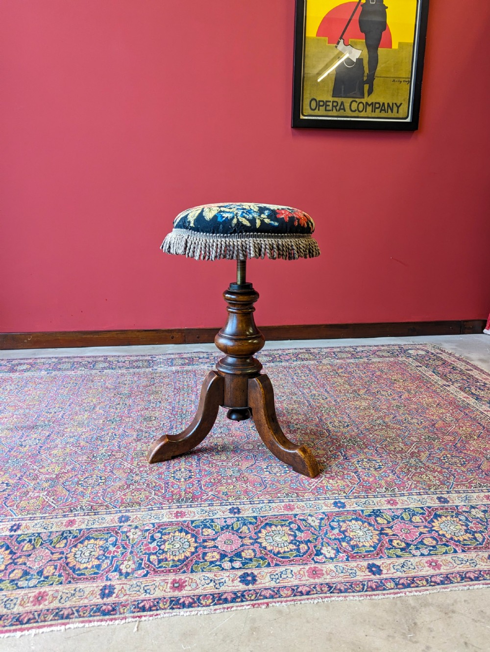 Antique Victorian Mahogany Circular Tapestry Piano Stool View II