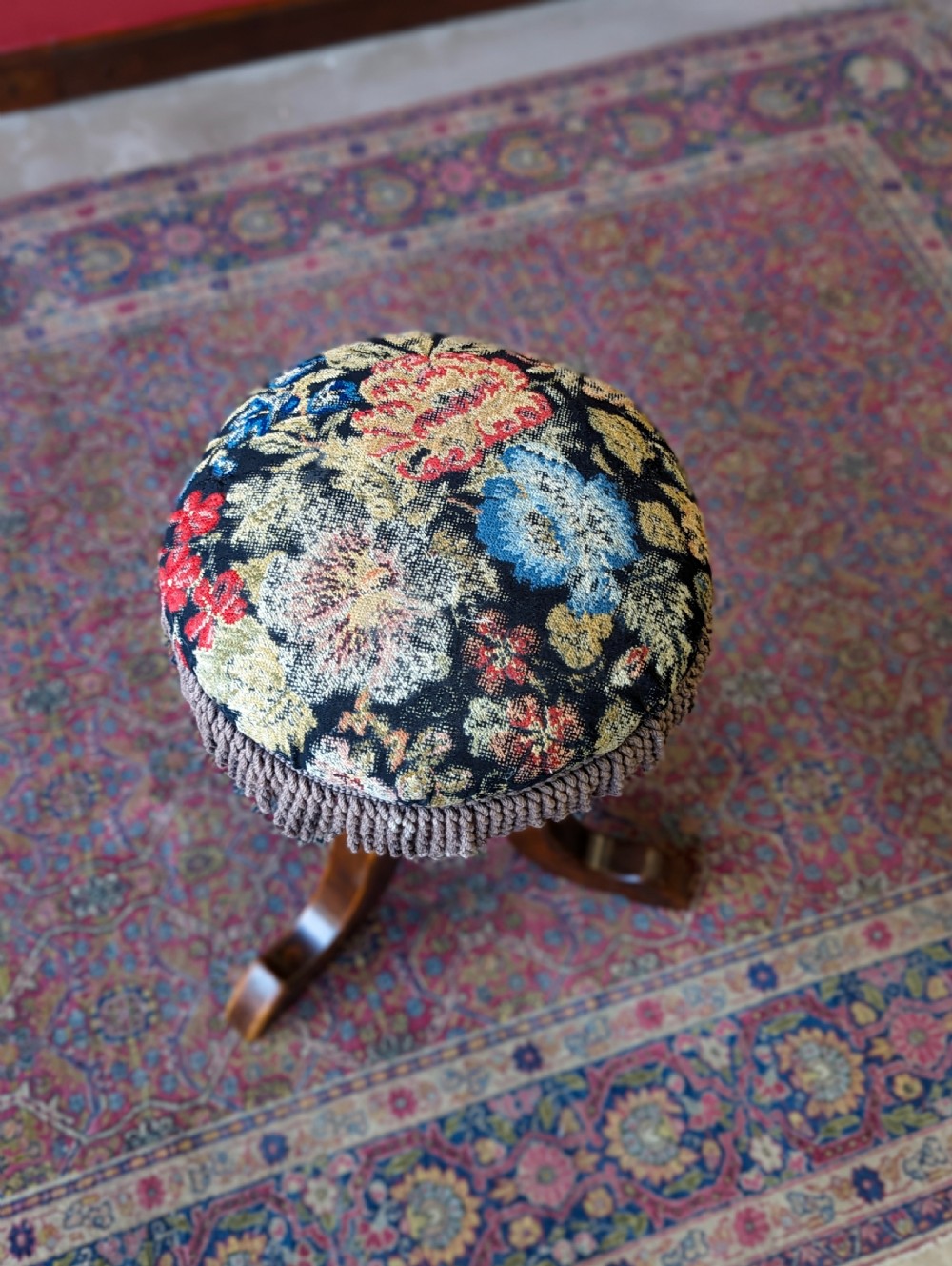 Antique Victorian Mahogany Circular Tapestry Piano Stool View III
