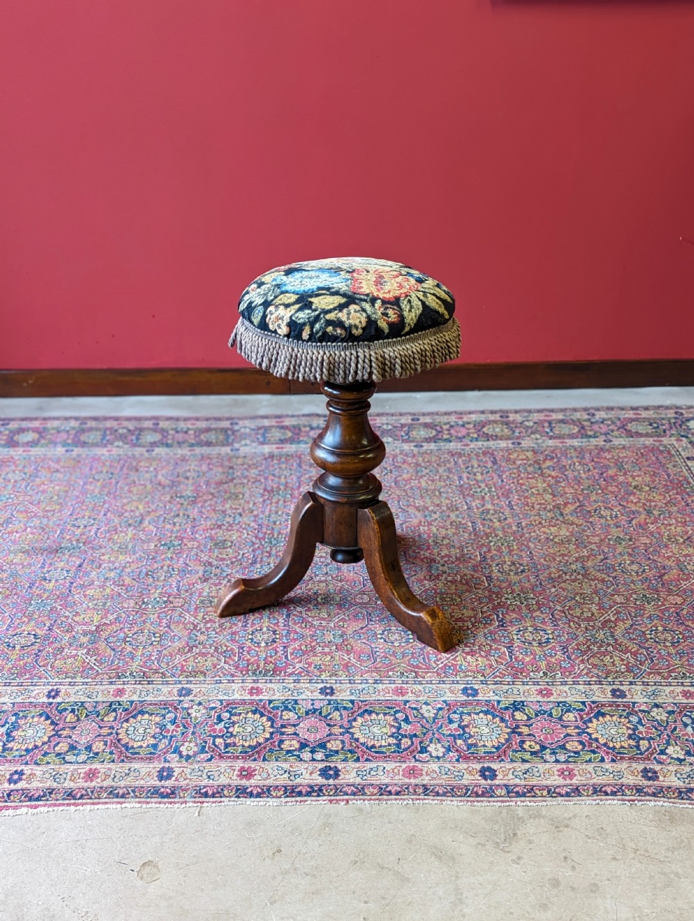 Antique Victorian Mahogany Circular Tapestry Piano Stool View IV
