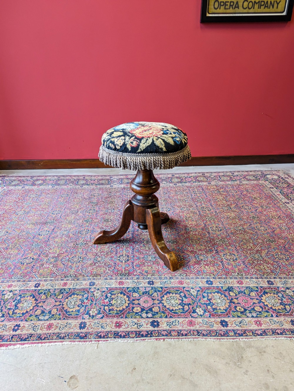 Antique Victorian Mahogany Circular Tapestry Piano Stool View V