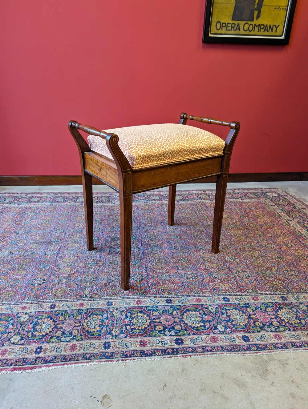 Antique Edwardian Inlaid Mahogany Piano Stool with Storage View III