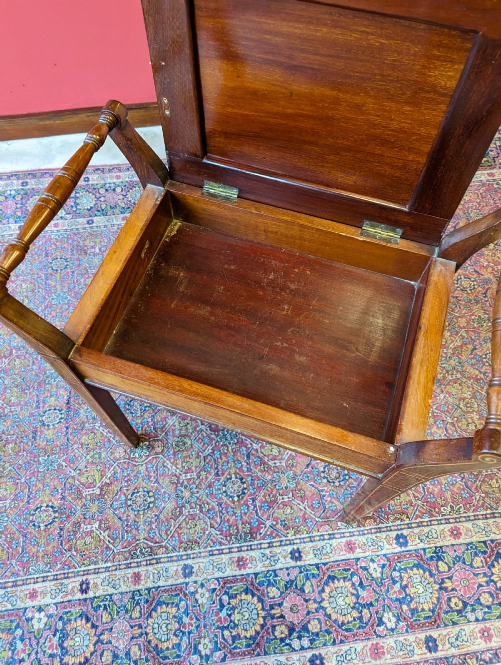 Antique Edwardian Inlaid Mahogany Piano Stool with Storage View IV