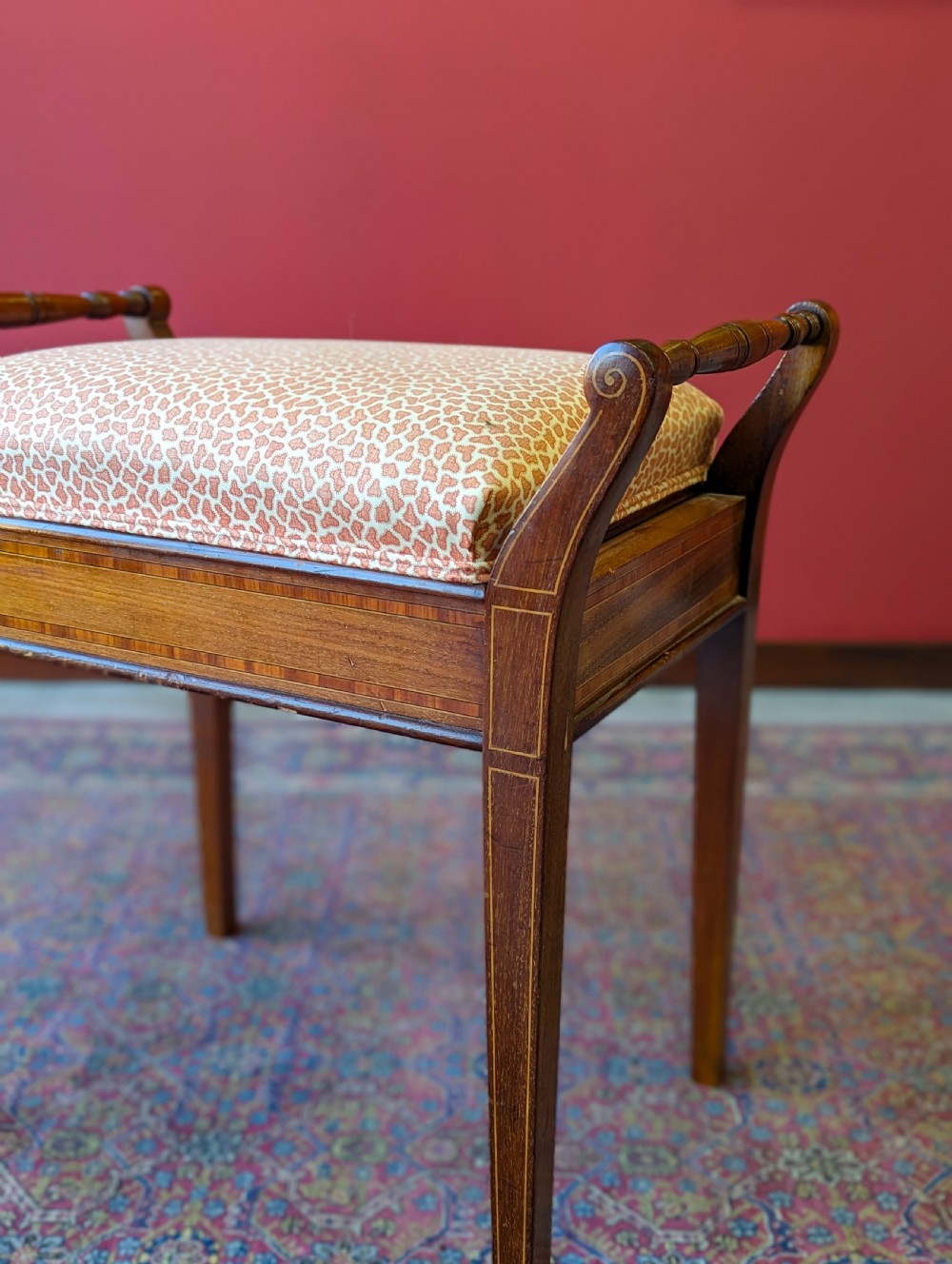 Antique Edwardian Inlaid Mahogany Piano Stool with Storage View V