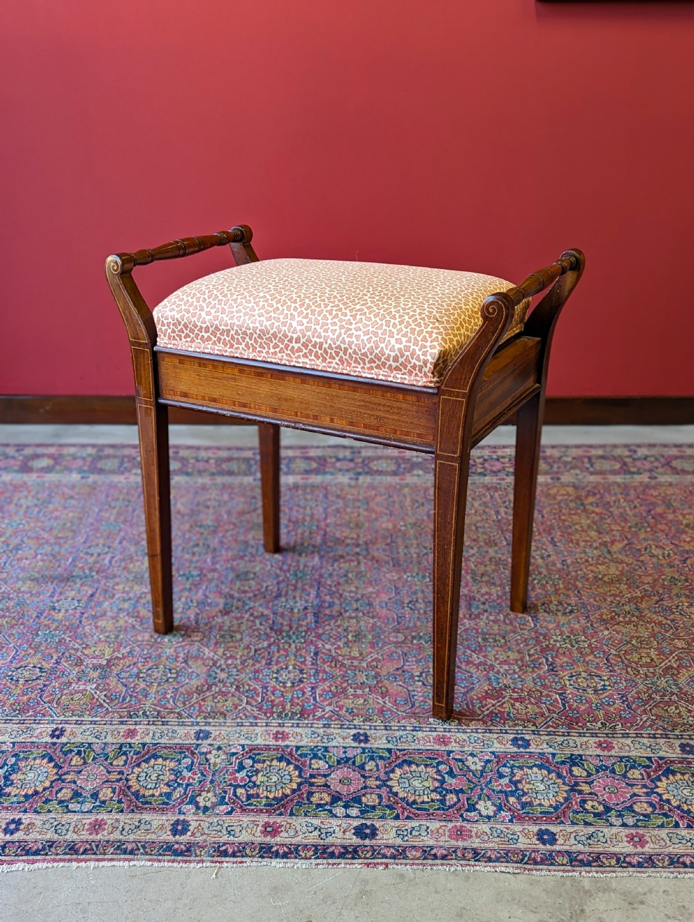 Antique Edwardian Inlaid Mahogany Piano Stool with Storage View IX