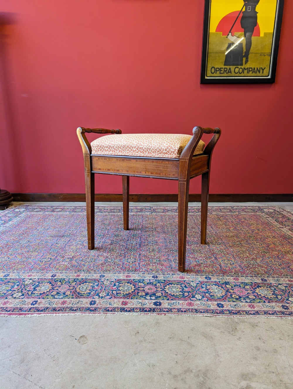 Antique Edwardian Inlaid Mahogany Piano Stool with Storage View X