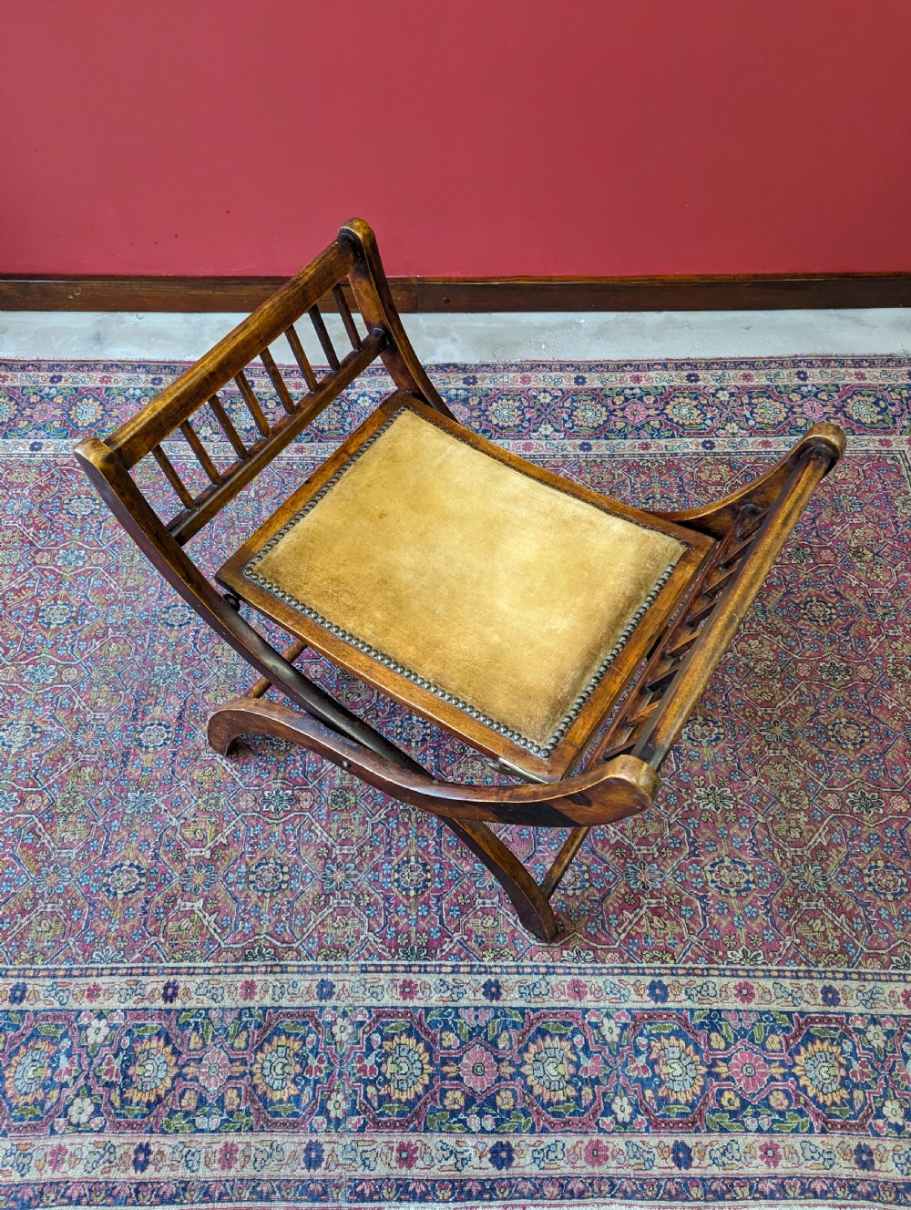 Antique 19th Century Folding X-Frame Mahogany Campaign Stool View VI