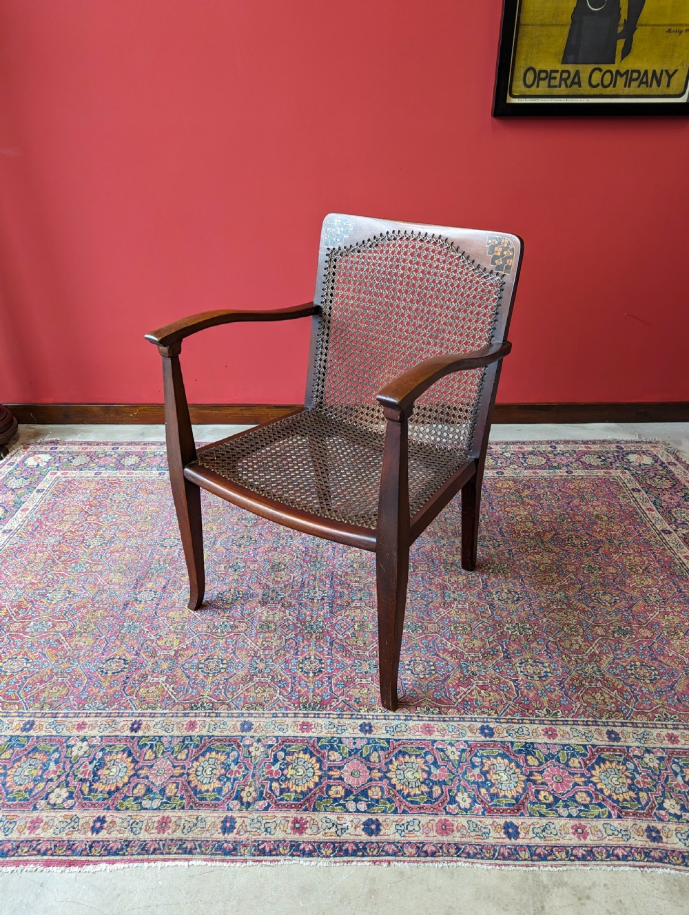 Antique Arts & Crafts Inlaid Mahogany Cane Salon Chair