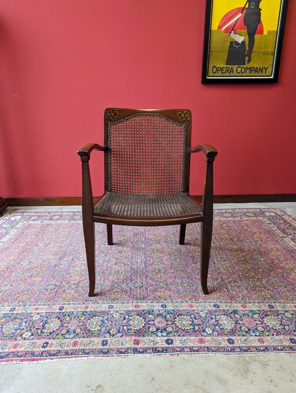 Antique Arts & Crafts Inlaid Mahogany Cane Salon Chair View II