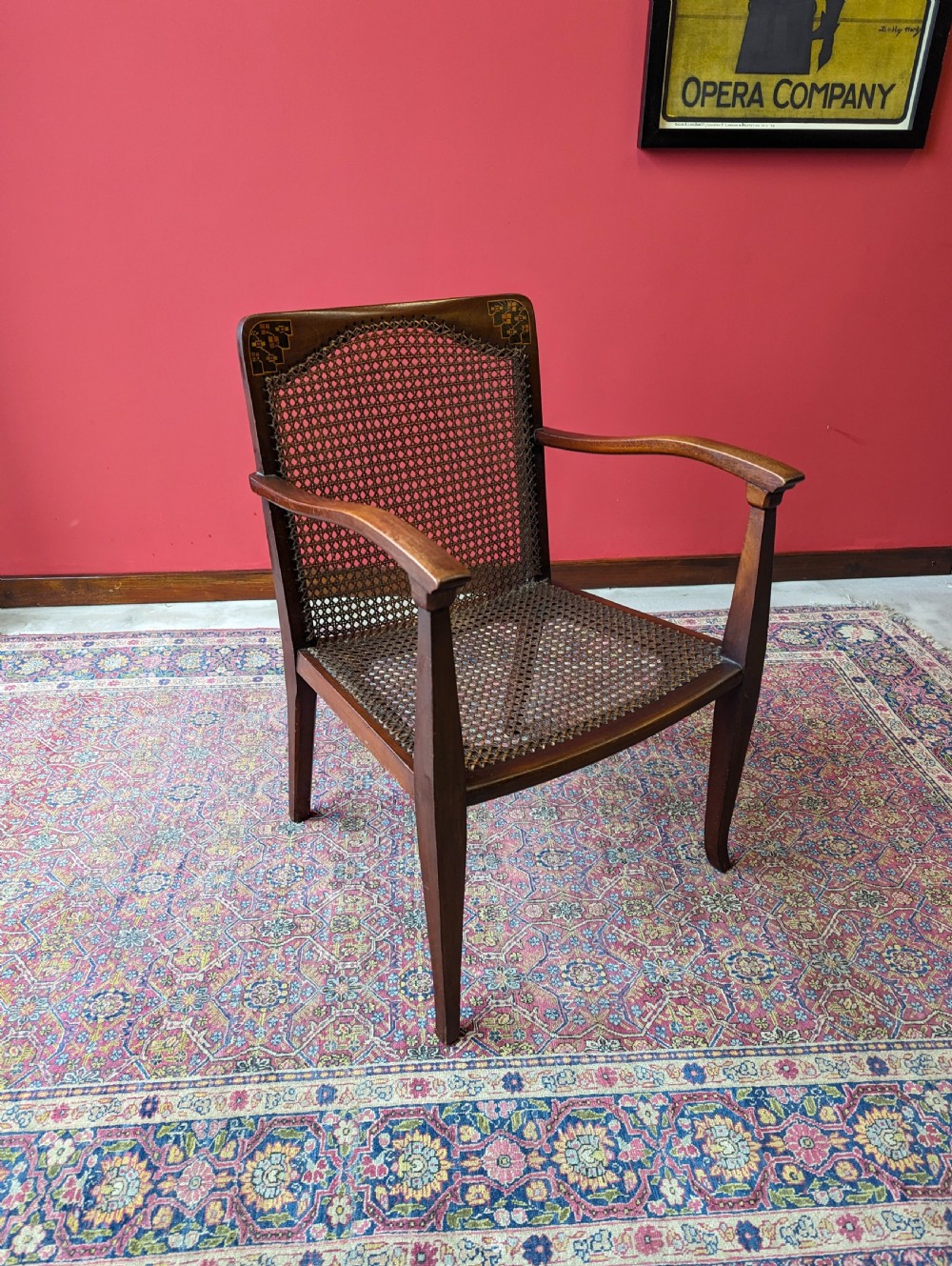 Antique Arts & Crafts Inlaid Mahogany Cane Salon Chair View III
