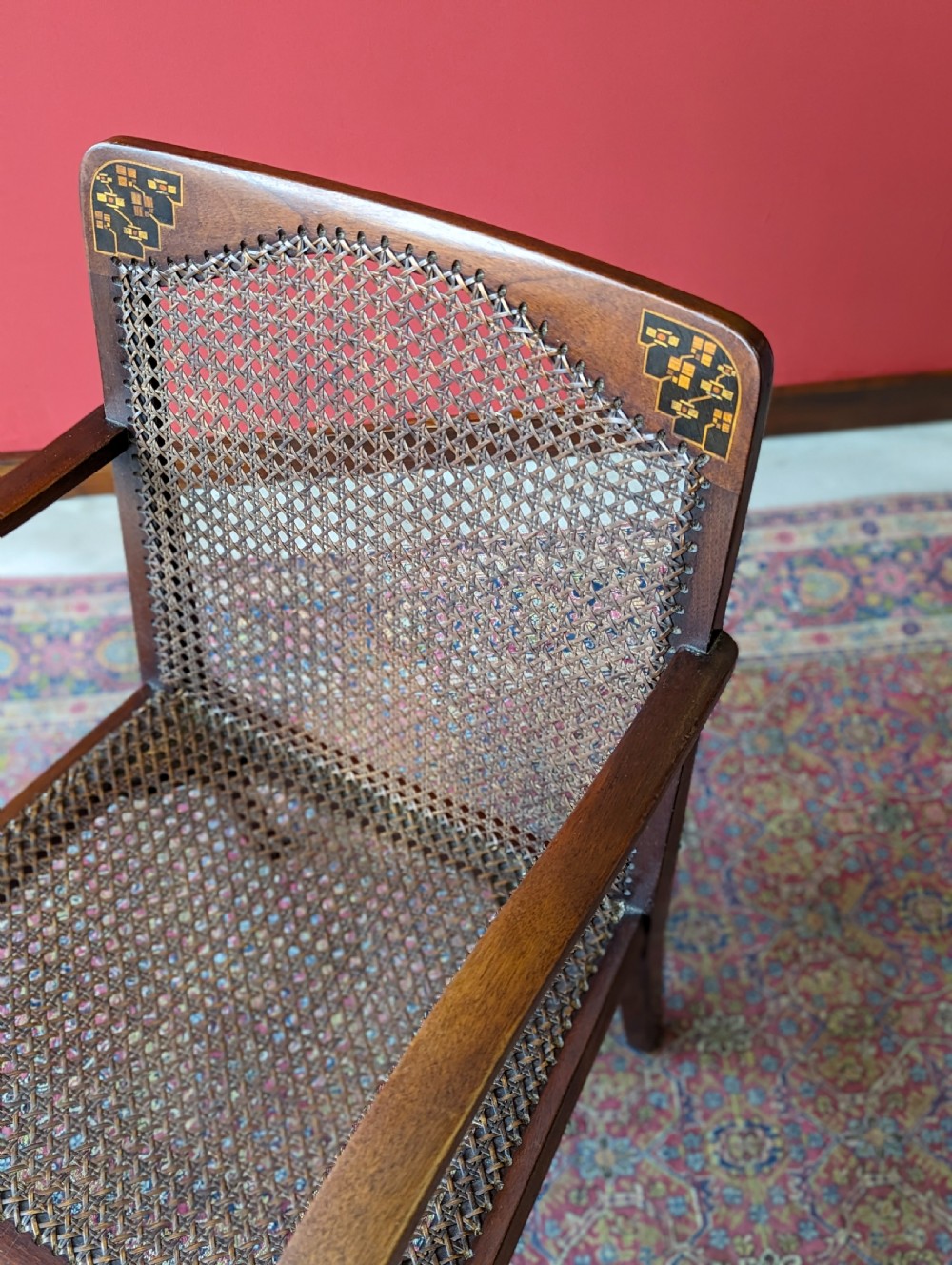 Antique Arts & Crafts Inlaid Mahogany Cane Salon Chair View IV