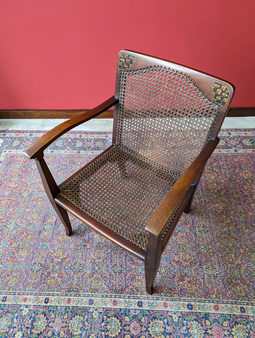 Antique Arts & Crafts Inlaid Mahogany Cane Salon Chair View V