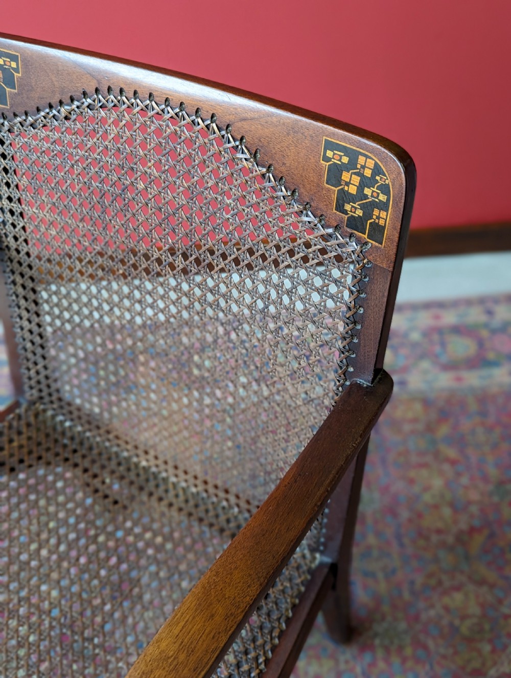 Antique Arts & Crafts Inlaid Mahogany Cane Salon Chair View VI