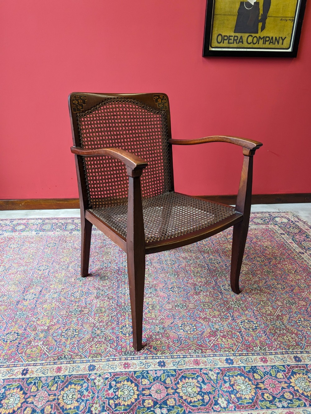 Antique Arts & Crafts Inlaid Mahogany Cane Salon Chair View VII