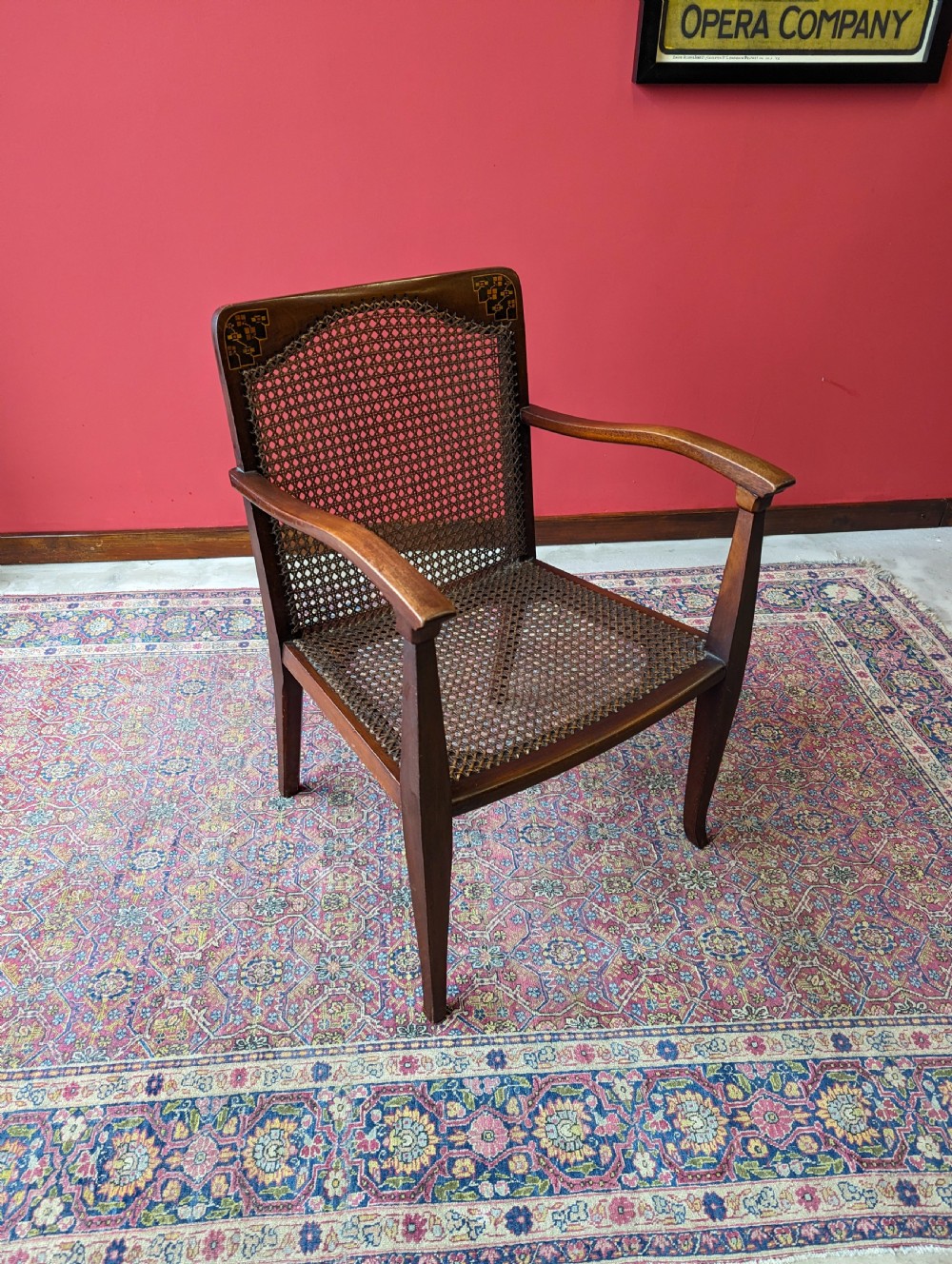 Antique Arts & Crafts Inlaid Mahogany Cane Salon Chair View VIII