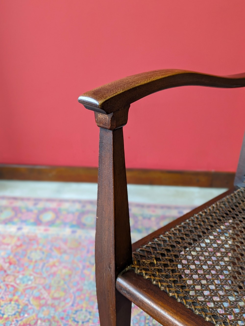 Antique Arts & Crafts Inlaid Mahogany Cane Salon Chair View IX